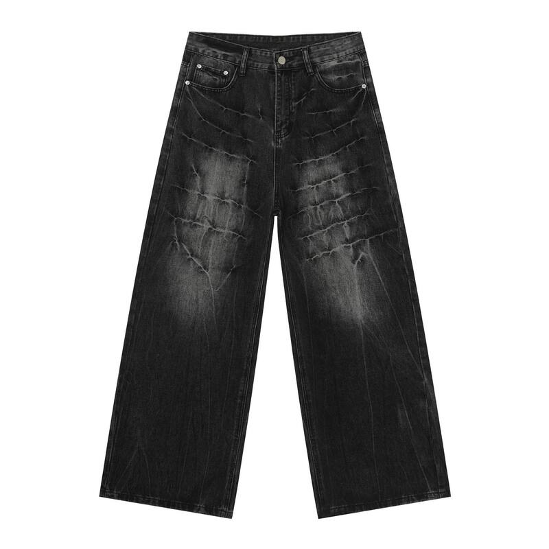 Quần jeans nam dáng rộng ống thẳng họa tiết sét chất liệu washed phong cách đường phố — màu xanh, màu xám đen