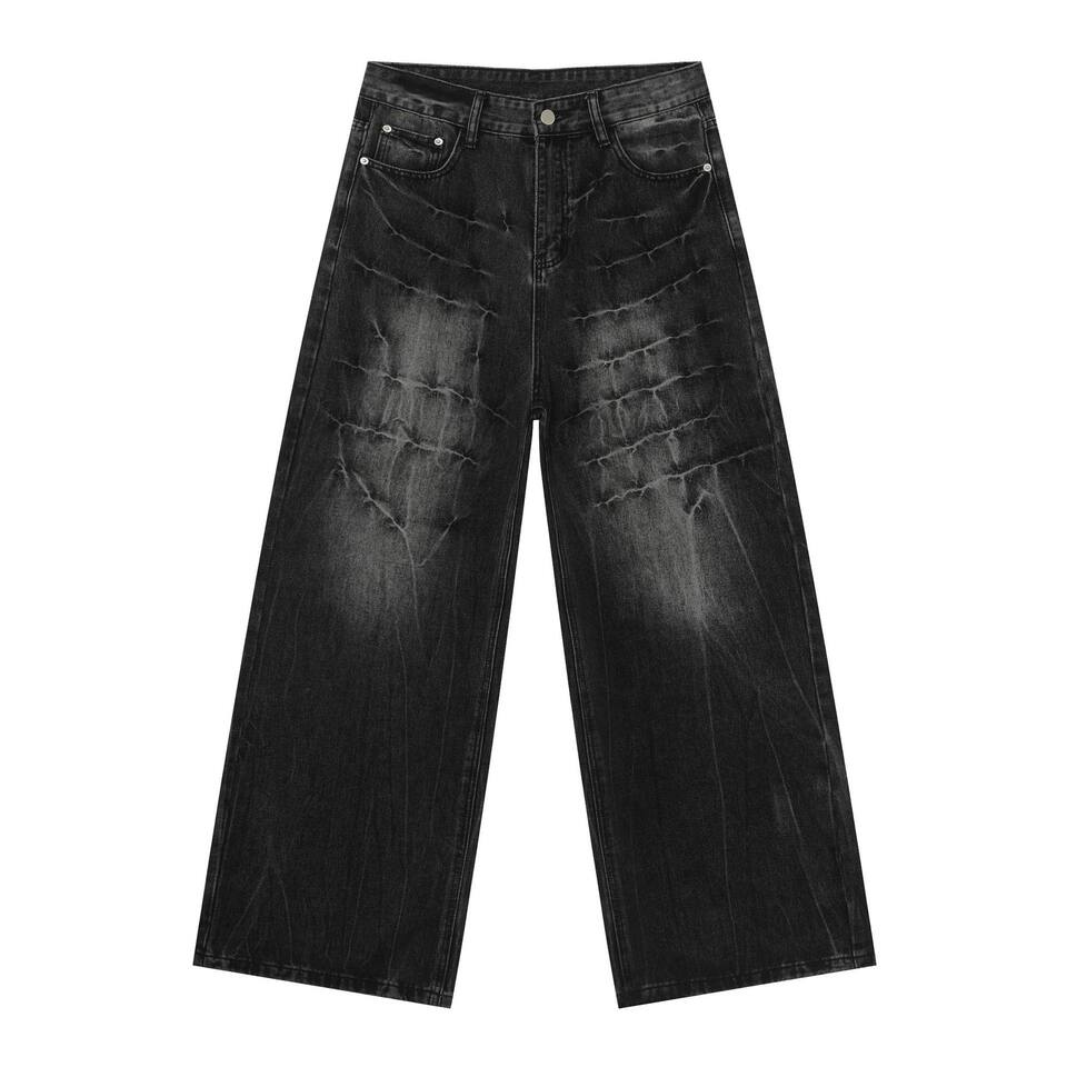 Quần jeans nam dáng rộng ống thẳng họa tiết sét chất liệu washed phong cách đường phố — màu xanh, màu xám đen
