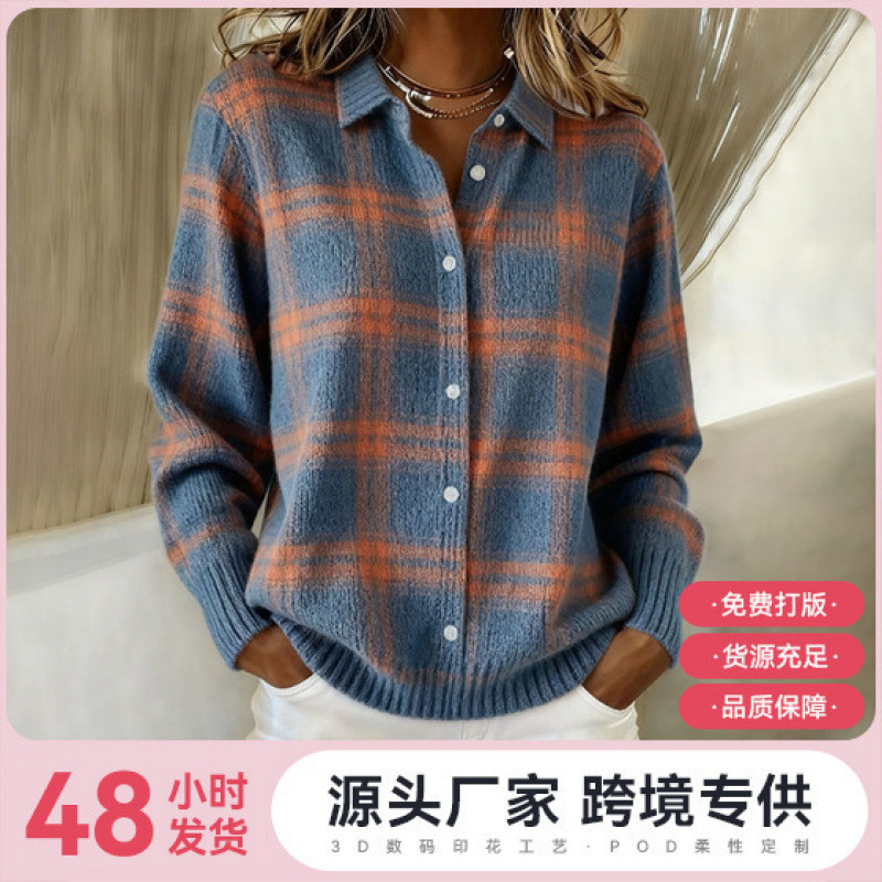 2025 Knitted 3D Printed Christmas Autumn/Winter Women's Shirt with Turn-down Collar, Four-Way Stretch, European and American Plus Size