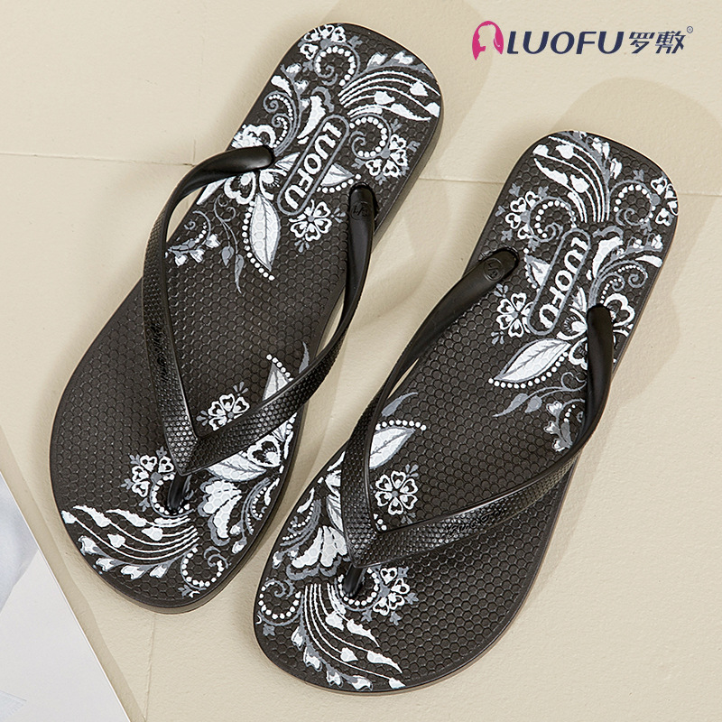 Rofu flip flops de las mujeres elegante nuevo verano al aire libre flip-flops antideslizante moda Zapatos de tacón de playa plano Negro