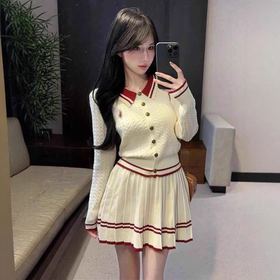 College Style Sweet Outfit Suit for Women Autumn New Long-Sleeved Knitted Cardigan High-Waisted Pleated Skirt Two-Piece Set