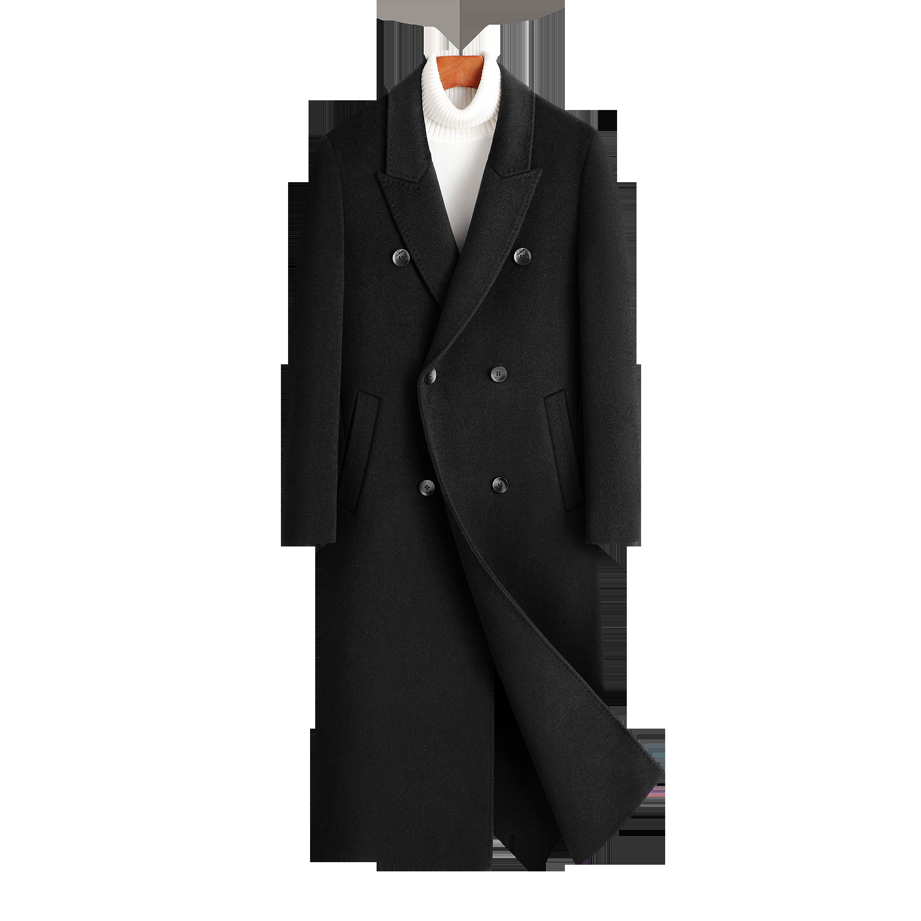 Men's double-breasted light business coat made of sheep wool double-faced wool.