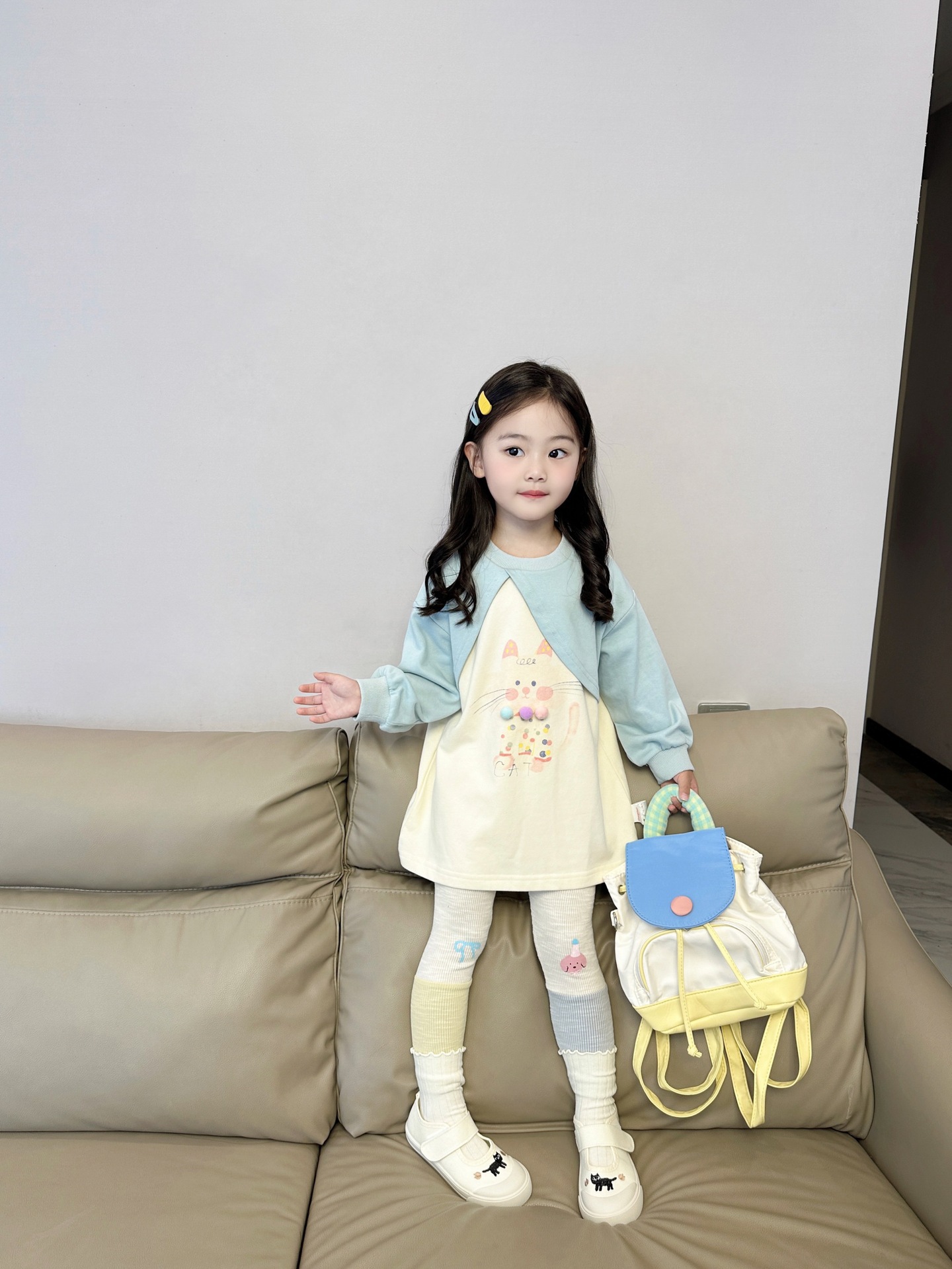 (2개) 2024 새로운 가을 어린이 라글란 소매 새끼 고양이 스웨터 귀여운 레깅스 세트