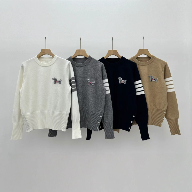 25 Autumn and Winter New Tb Puppy Embroidered Four-Bar Stripesd Round Neck Long-Sleeved Knitwear Women's Outer Pullover Knitwear Trendy