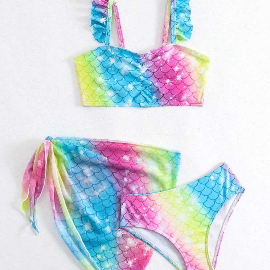 Meerjungfrauen-Badeanzug für Mädchen, zweiteilig, Baby-Bikini mit Trägern, dünnes Baumwoll-Polyester-Material, Sommerbademode für Kleinkinder und Kinder_voghion.com