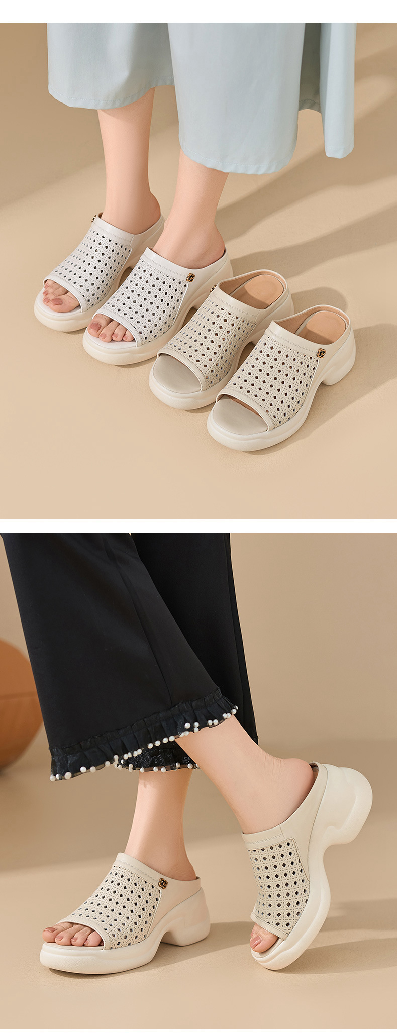Dép sandal nữ da bò đục lỗ đế bánh xốp dày gót cao nhẹ — màu trắng ngà chi tiết 3