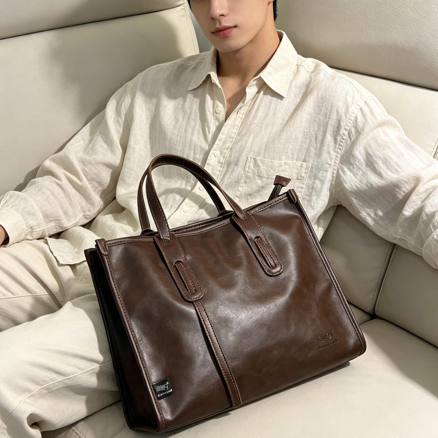 2026 Trendy Men's Japanese and Korean Style Handbag, Japanese Business Casual Shoulder Bag, Youth Soft Leather Crossbody Large Bag
