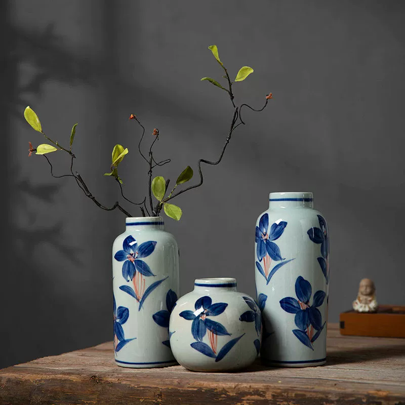 Сине-белая фарфоровая ваза, окрашенная ваза, китайская ретро керамическая ваза, богатая бамбуковая гидропонная сосуд, украшения для гостиной, украшения