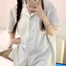 韩系格子ins甜美短袖睡衣女夏季2024年新款少女夏天网红风家居服