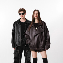 美式高街复古中性翻领皮衣外套男女2025新款秋季PU夹克酷飒机车服