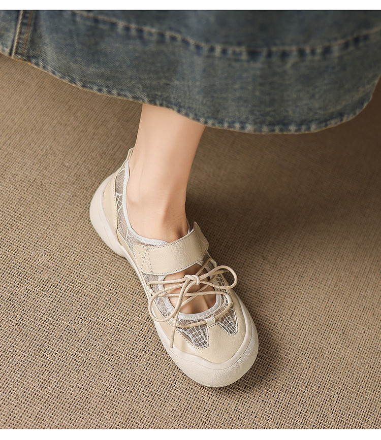 Giày sneaker nữ đế dày ren lưới phối màu cổ thấp — màu trắng ngà chi tiết 15