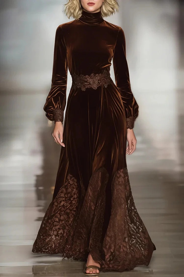 European And American Style Women's Brown Lace Long Sleeve Slim Fit Patchwork Dress 2025 Independent Website_ecoleips.com
