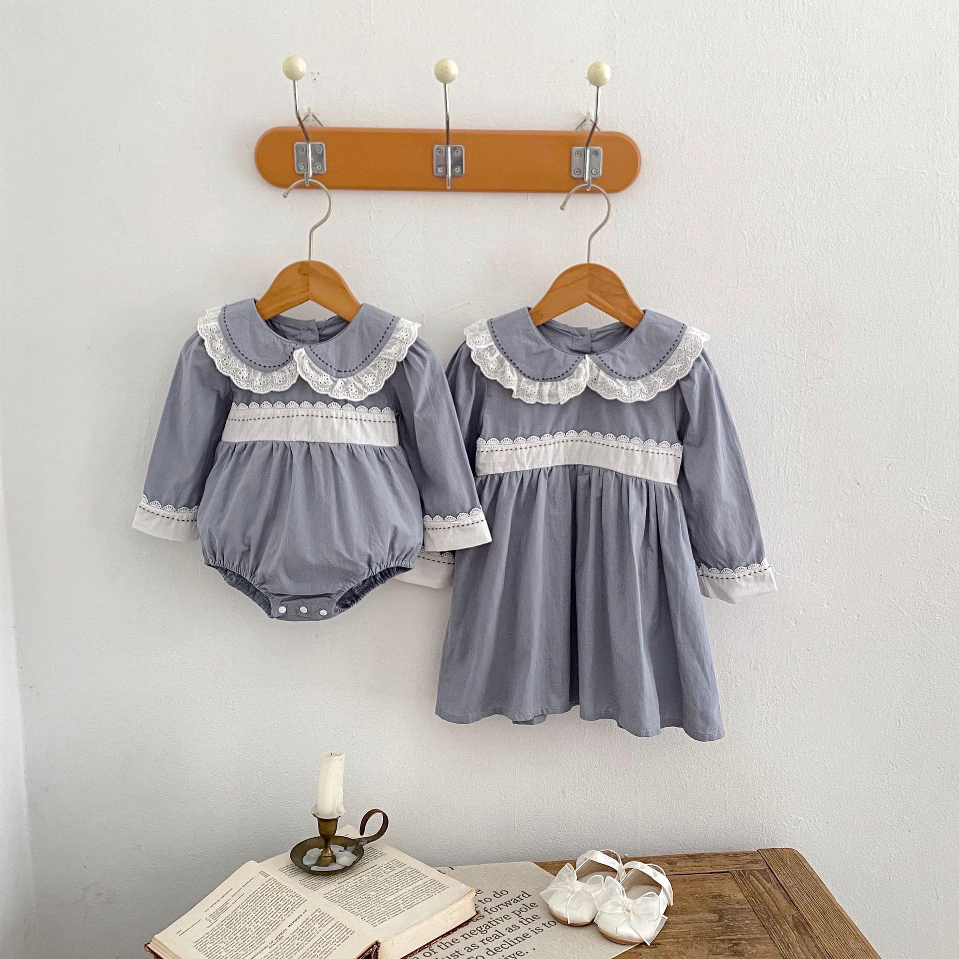 INS 2024 Herbst Baumwolle Klasse A Schwestern Mädchen Baby Spitze Puppe Hals Langarm Furz Gewickelt Romper + Rock_voghion.com