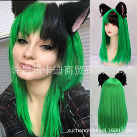 猫耳朵动漫COS假发女 绿色带刘海长直发化纤假发头套工厂现货批发