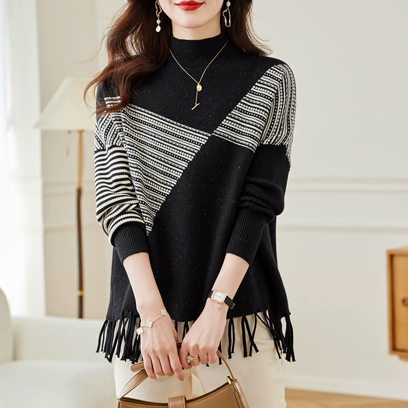 Половина воротник дамы вязаный свитер пуловер женский 2024 новый осенний зимний корейский модный свитер