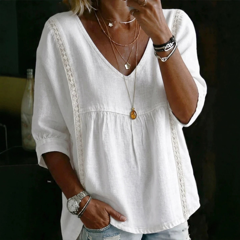 2026 New Foreign Trade Cross-Border Women's Lace V-Neck Pullover Solid Color Casual Three-Quarter Sleeve Blouse Shirt