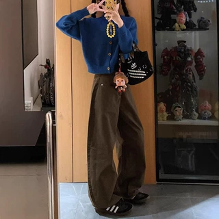 弯刀牛仔裤女夏季阔腿宽松工装高腰直筒牛仔弯刀裤女咖色裤子女款