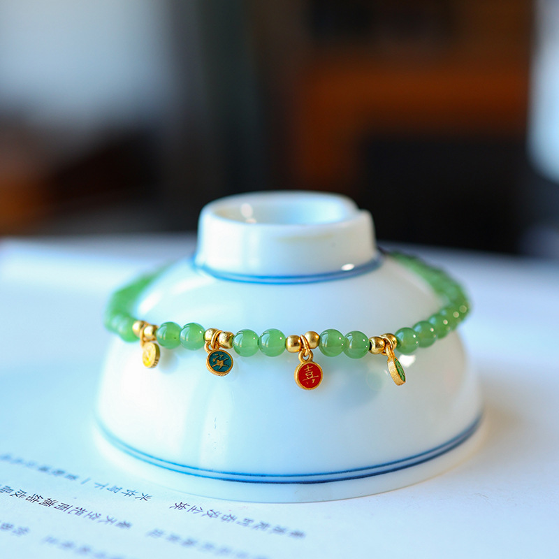 Hd Russian Material High Quality Natural Sun Green Jasper Bracelet Women's Fine Beads Auspicious Good Luck S925 Bracelet Accessible Luxury High-End