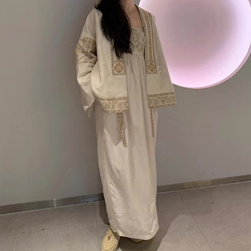 Diane Miao Style Embroidery | New Chinese Style Soft Beige High Waist Strap dress Embroidery Lace