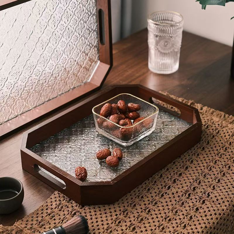 Luz de lujo retro bandeja octagonal sala de estar mesa de vidrio platos de taza de madera para el hogar bandeja de té
