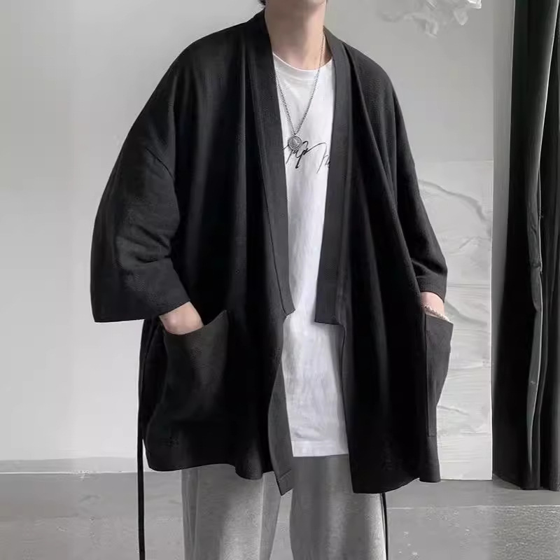 Chinese Style Cotton and Linen Seven-Sleeve Shirt Men's Fashionable Loose Lazy Style Cardigan Top Retro Robe Shirt Jacket