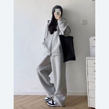 秋冬新款纯色通勤百搭加绒保暖卫衣阔腿裤套装女休闲运动两件套潮