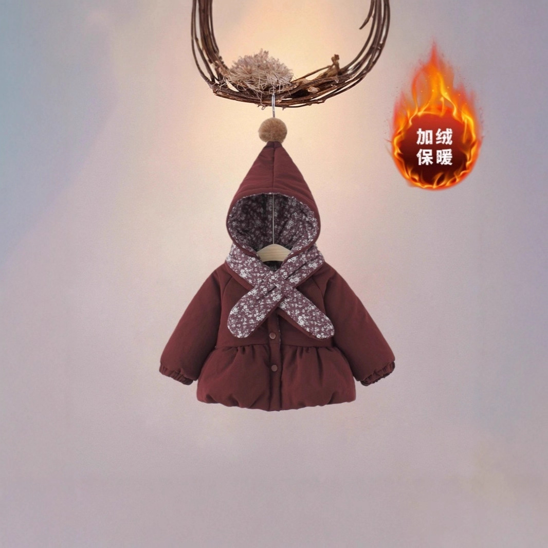 抖音淘宝代发女宝宝加绒加厚连帽棉服小女孩冬季保暖棉袄外出服