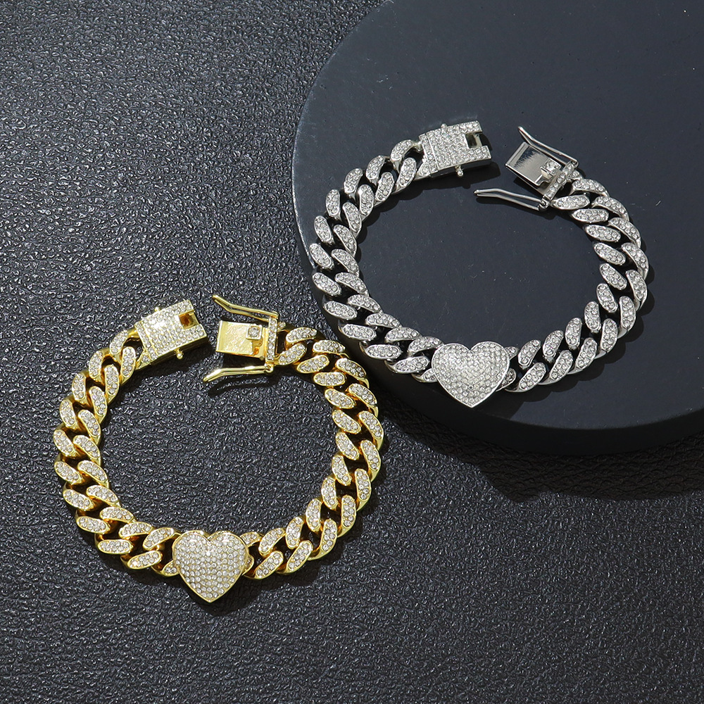 Alloy Material Cool Three-Dimensional Fully Jeweled Loving Heart Heart-Shaped Creative Cuban Link Chain Bracelet  Hip Hop Style Couple Bracelet Bracelet