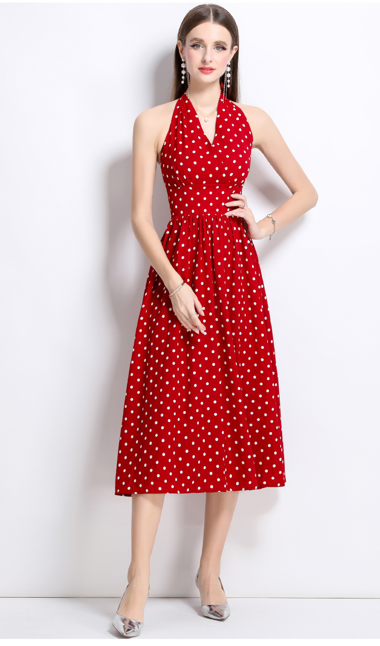 Đầm maxi cổ chữ V chấm bi đỏ phong cách Hồng Kông cổ điển, váy dài kiểu Pháp — Màu đen, Màu xanh lam, Màu trắng, Màu vàng chi tiết 7
