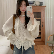 韩国chic温柔马海毛勾花镂空绑带喇叭袖v领开衫女法式甜美针织衫
