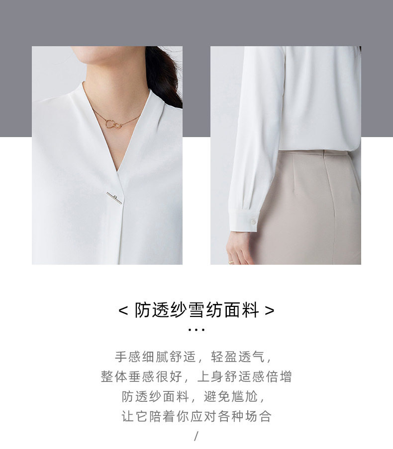 Áo sơ mi nữ voan cổ chữ V dài tay xếp li chống xuyên thấu — Tay áo dài màu trắng phong cách nữ chi tiết 7