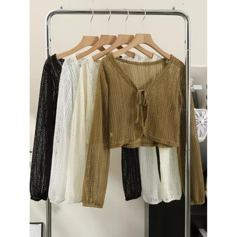 Retro Design Long-sleeved Knitted Cardigan for Women, Thin Autum Cut Out Lace-up Loose Short Outer Blouse Jacket