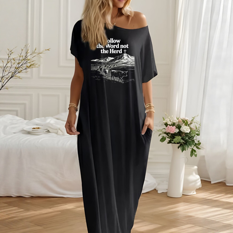 Cross-Border Exclusive Supply: Western Wilderness Mountain Cattle Herd English Phrase Graphic Comfortable Loose Long Casual Dress Cross-Border Exclusive Supply: Western Wilderness Mountain Cattle Herd English Phrase Graphic Comfortable Loose Long Casual Dress