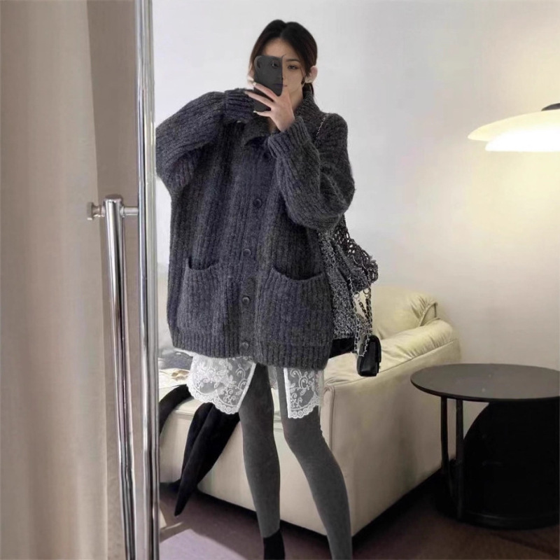 韩系穿搭慵懒风翻领毛衣秋冬新款高级感宽松软糯针织开衫上衣外套|undefined