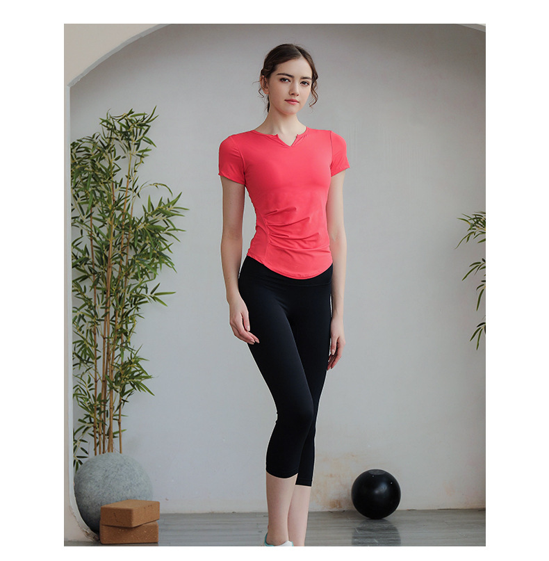 新款瑜伽服-运动上衣女-短袖T恤女跑步运动紧身透气V领健身服