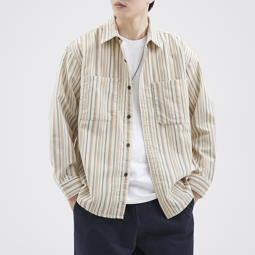 Japanese retro striped flannel long-sleeved shirt for men, long-sleeved shirt jacket, Instagram-inspired loose couple top, trendy