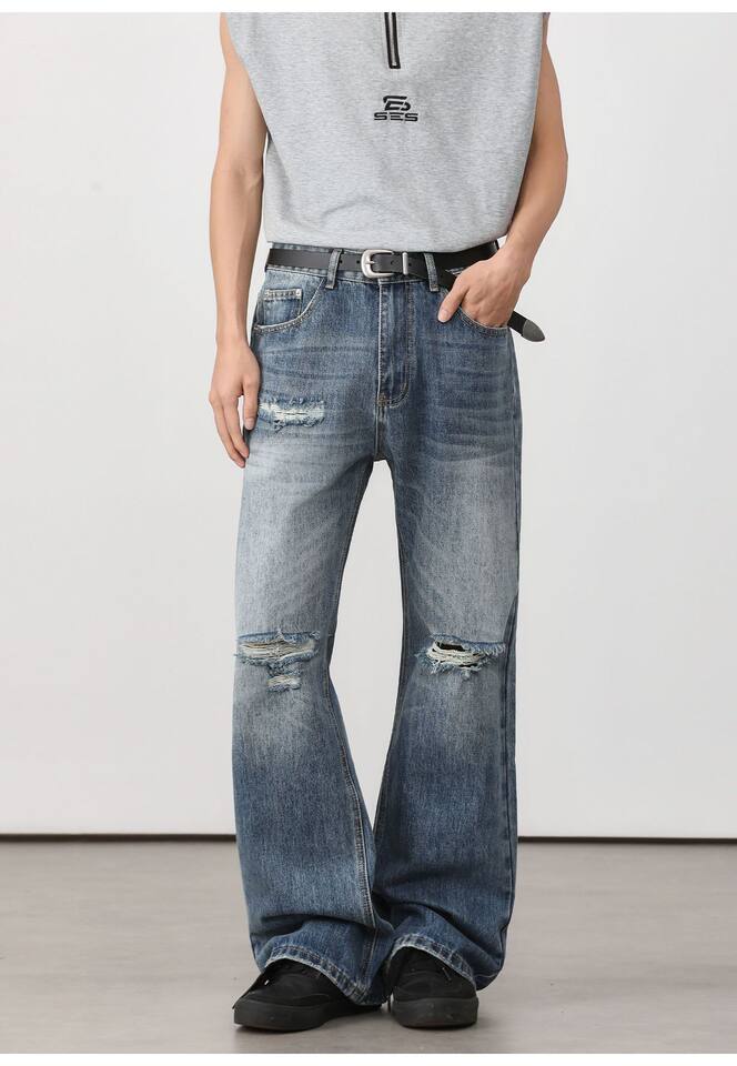 Quần jean nam ống loe nhẹ rách gối phong cách retro, dáng rộng ống suông tôn dáng, quần dài casual — Xanh nhạt, Xanh đậm chi tiết 20