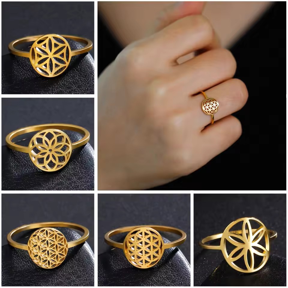 Round Flower Ring, Retro Ethnic Jewelry, Elegant Style, 304 Stainless Steel Wedding Ring, Unisex