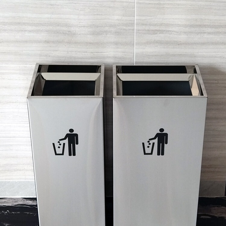 Stainless Steel Hotel Lobby Corridor Ashtray, Square Trash Can with Top Opening, Large Size, Outdoor Bank Use