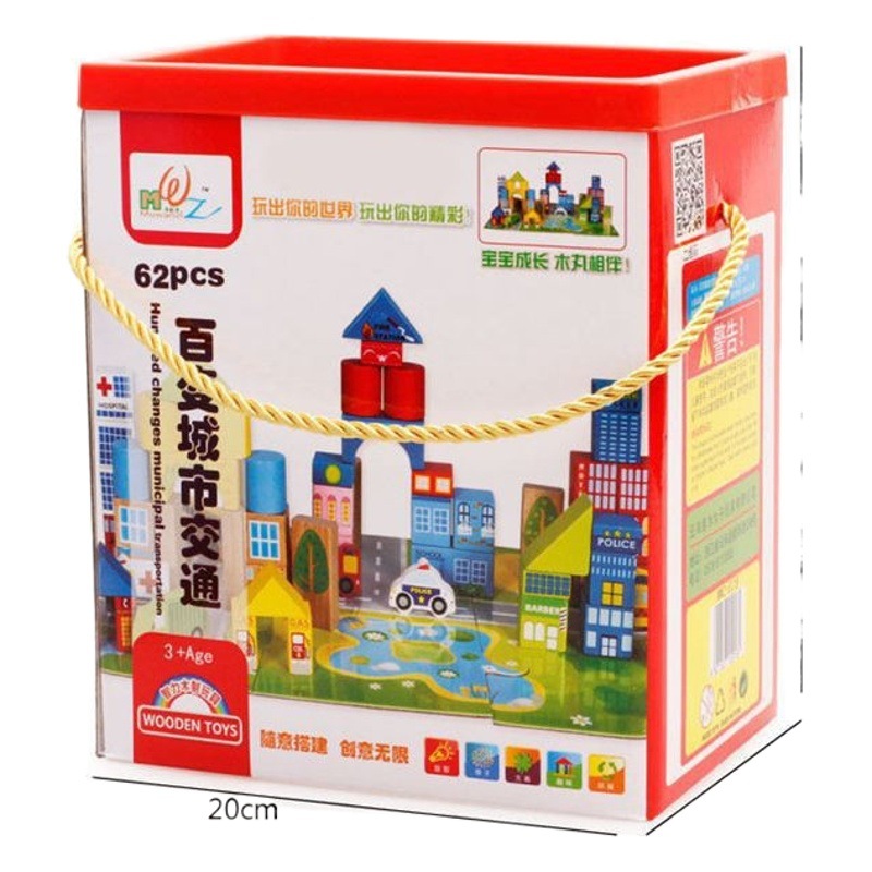 Bloques de construcción de madera para niños 62 piezas de aprendizaje tema creativo bloques de construcción de calidad montaje de partículas grandes juguetes educativos de educación temprana