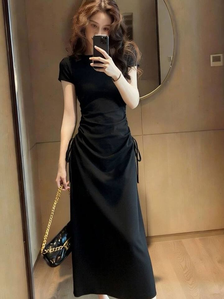 Đầm liền thân tay ngắn cổ polo dáng chữ A chiết eo tôn dáng — Xám đậm [Phiên bản nâng cấp cao cấp], Đen [Phiên bản nâng cấp cao cấp] chi tiết 10