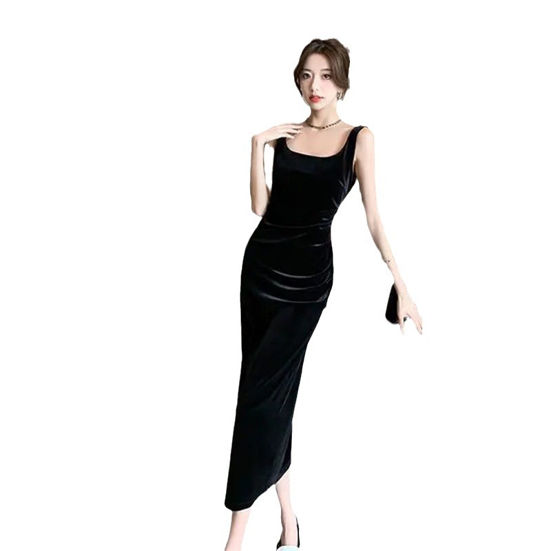 Vestido de lujo ligero retrógrado de moda sexy temperamento delgado invierno invierno vestido de terciopelo