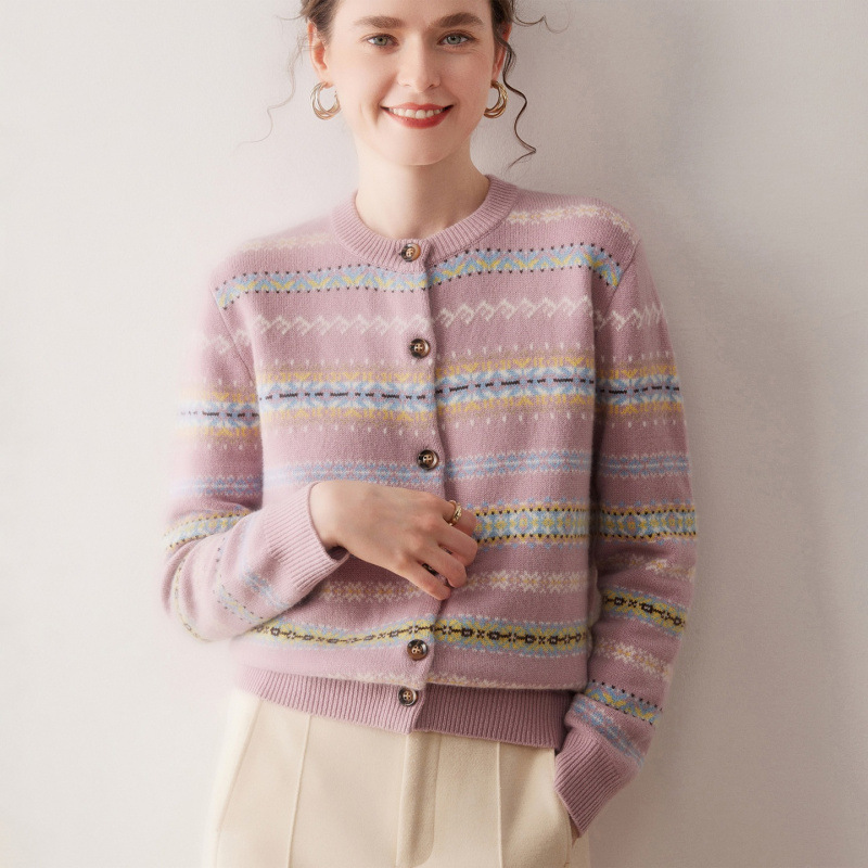 Women's pure cashmere Fair Isle sweater cardigan, slimming and stylish knitted cardigan, perfect for autumn and winter, versatile cashmere sweater