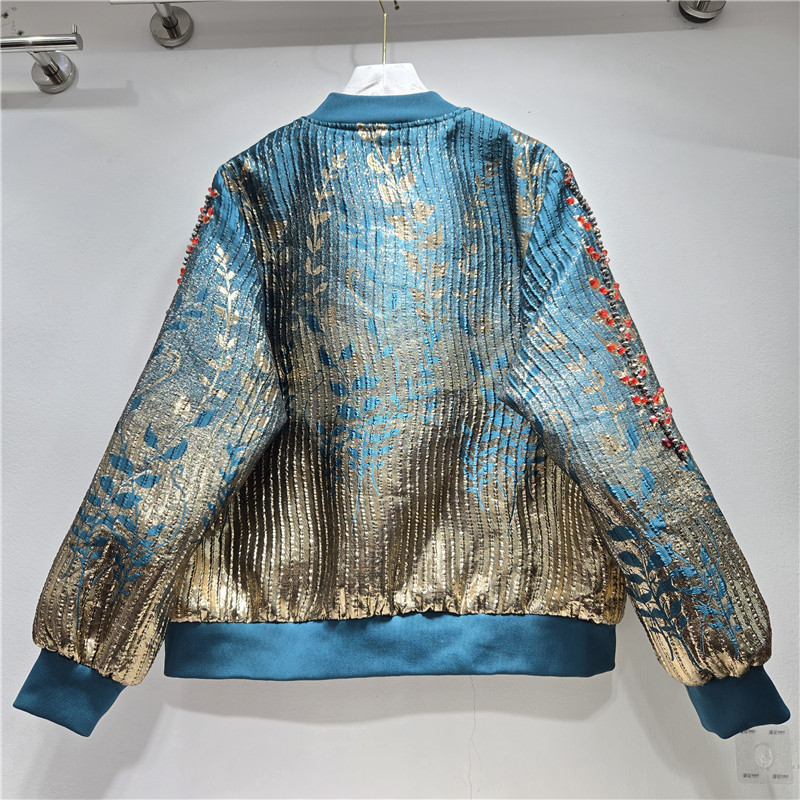 Chaqueta Corta Jacquard Retro para Mujer con Cuentas y Cierre de Cremallera