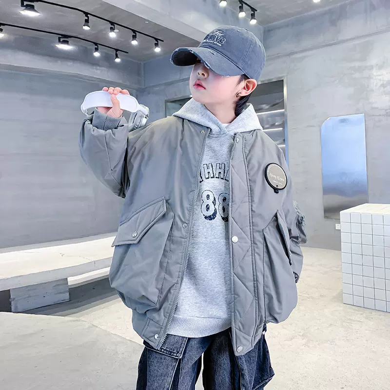 男童潮牌夹棉加厚棒球棉服冬装2024新款儿童棉衣冬季工装棉袄外套