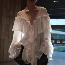 跨境欧美女装2025年夏新款时尚雪纺开衫，性感透视衬衫长袖上衣女