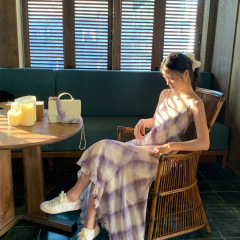Pusumede優しい紫調 | 菱格不規則サスペンダースカート女性ワンピース気質デザイン感小衆ロングスカート