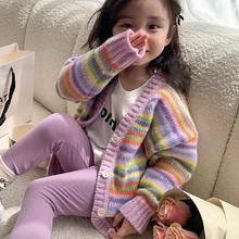 女童秋季条纹针织开衫2024春秋新款儿童洋气时髦毛衣女宝宝上衣潮