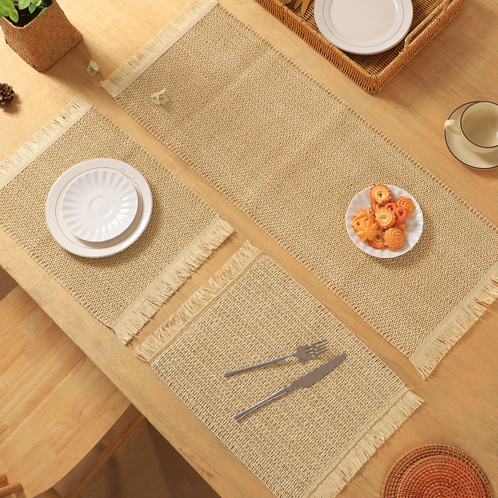 Almohadilla de mesa tejida de papel de color natural rectangular al por mayor transfronterizo, posavasos de aislamiento térmico, protección de escritorio de protección ambiental japonesa