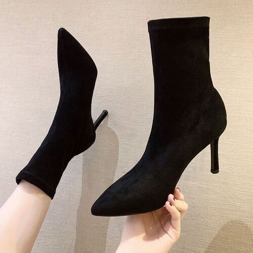 Black elastic sock boots with faux fur lining, mid-calf height, autumn/winter, stiletto toe, slimming fashion boots for women